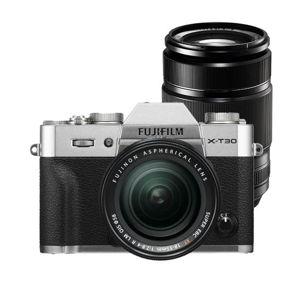 0000025990| FujiFilm X-T30 Premium Silver Body w XF 18-55mm f2.8-4 R & XF 55-200mm F3.5-4.8 Lenses