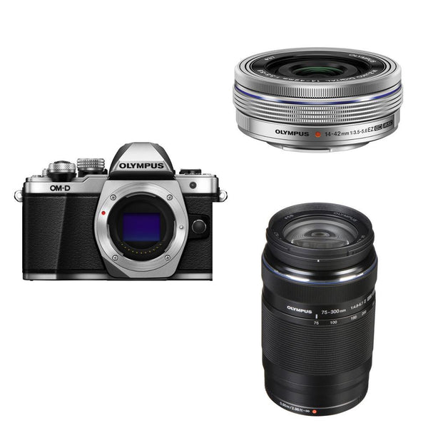 0000014990| Olympus OM-D E-M10 III Silver Digital Camera With Silver 14-42 & Black 75-300 Lenses