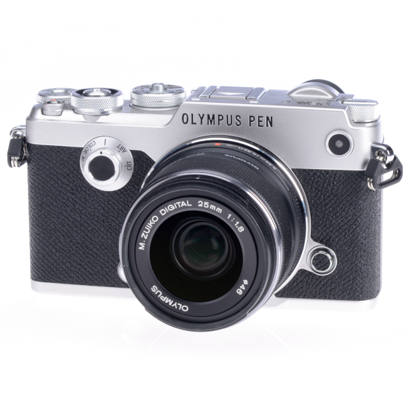 0000218990| Olympus Pen-F Silver Digital Camera Body With 25mm Black Lens