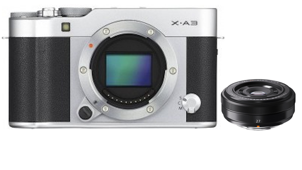 0000008990| FujiFilm X-A3 Digital Camera Silver with XF 27mm F2.8 Black Lens